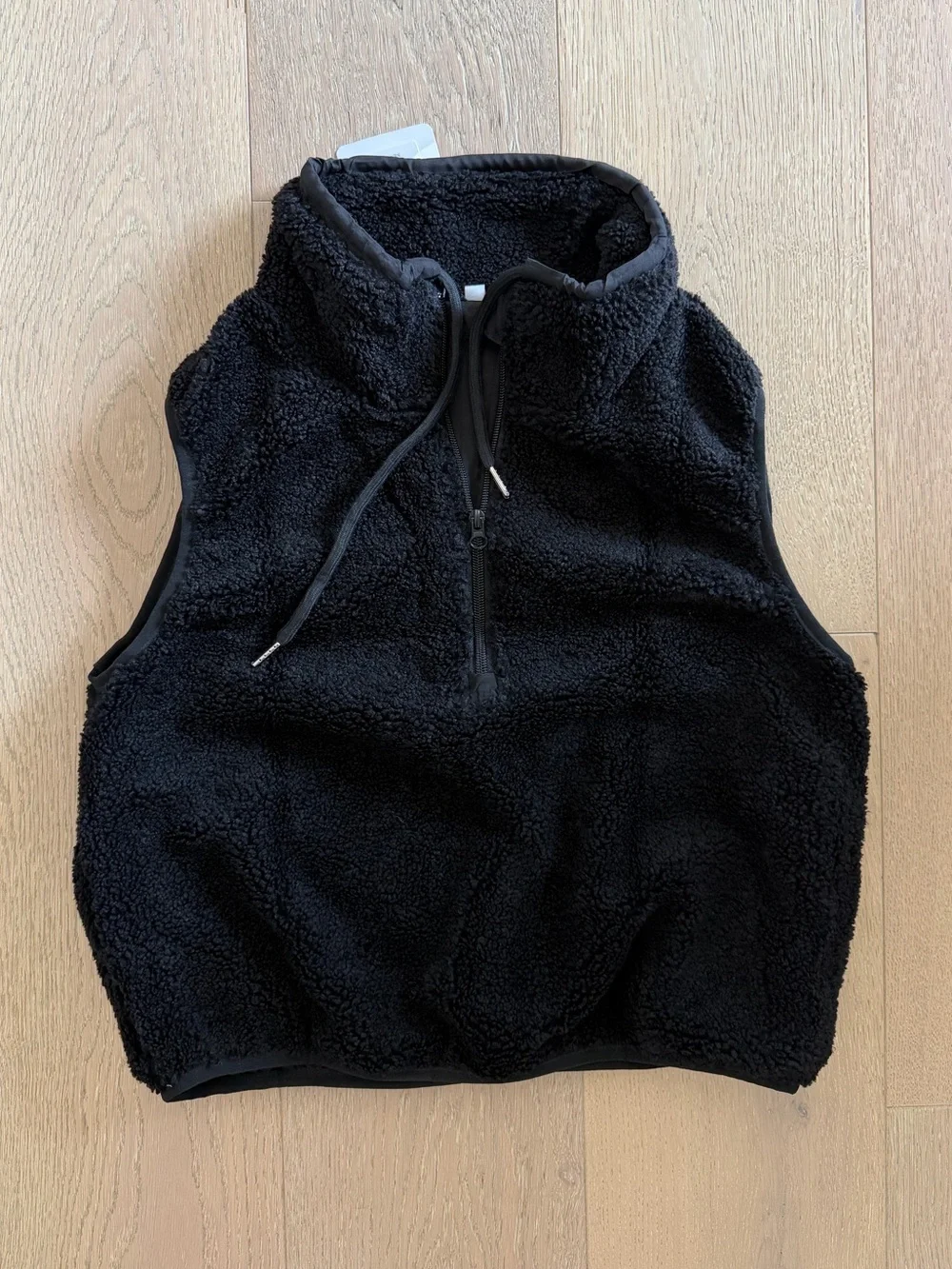 Women’s Black Cropped Fuzzy Fleece Vest Half Zip with Pockets